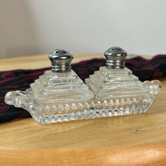 Vintage Irice Pyramid Mini Pepper Salt Set with Tray Glass Art Deco - Picture 1 of 9